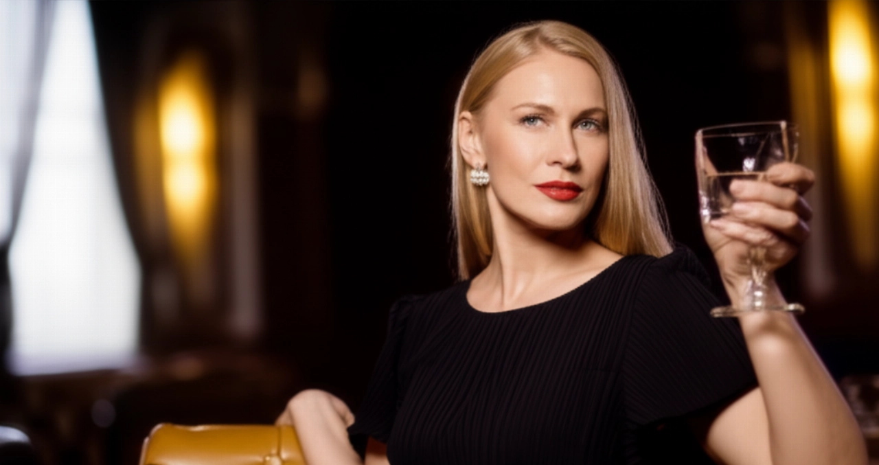 Una donna caucasica elegante e sicura di sé, seduta in un esclusivo club privato, che incarna un'atmosfera di lusso e raffinatezza.