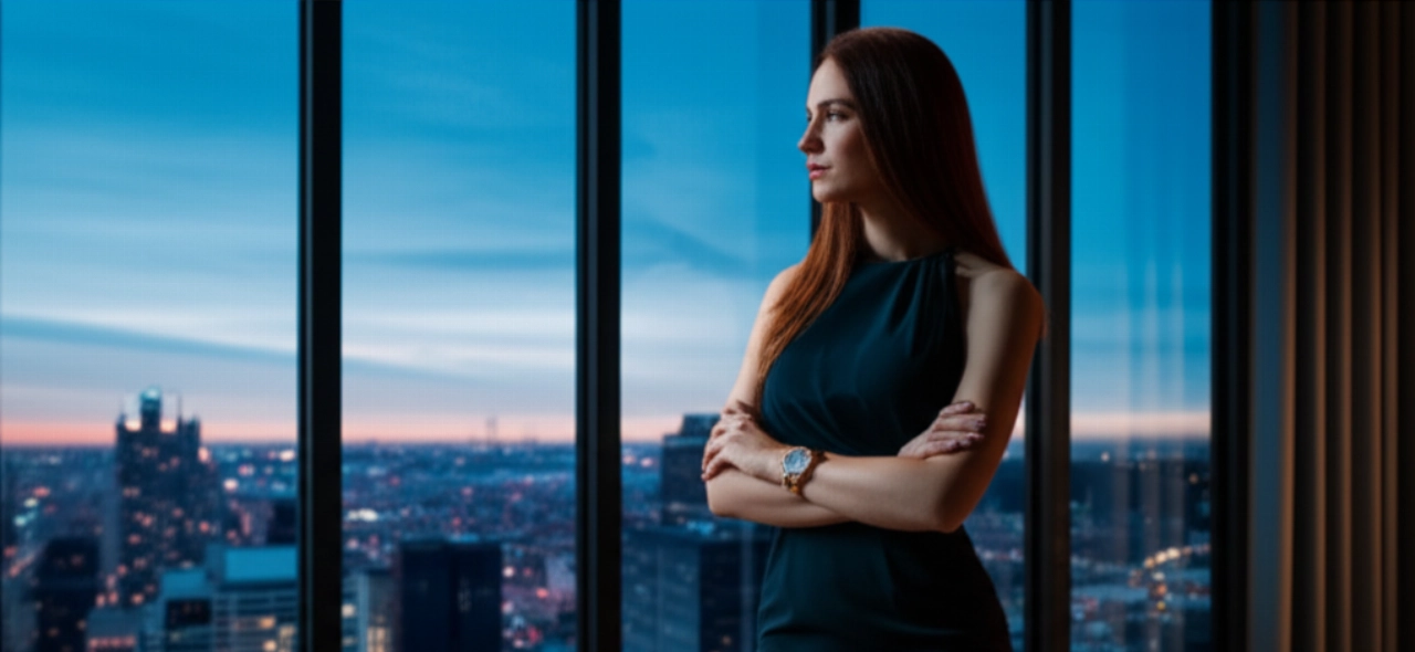 Donna caucasica elegante in un attico moderno con vista sulla città al tramonto, con un orologio al polso.