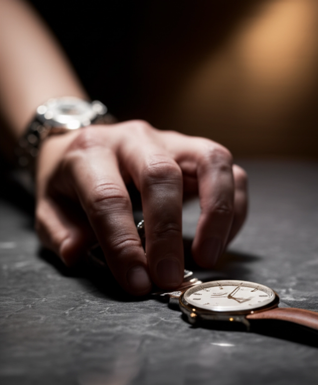 Primo piano iperrealistico di una mano caucasica che regola delicatamente un orologio su una superficie di marmo scuro, con luci e ombre dettagliate.