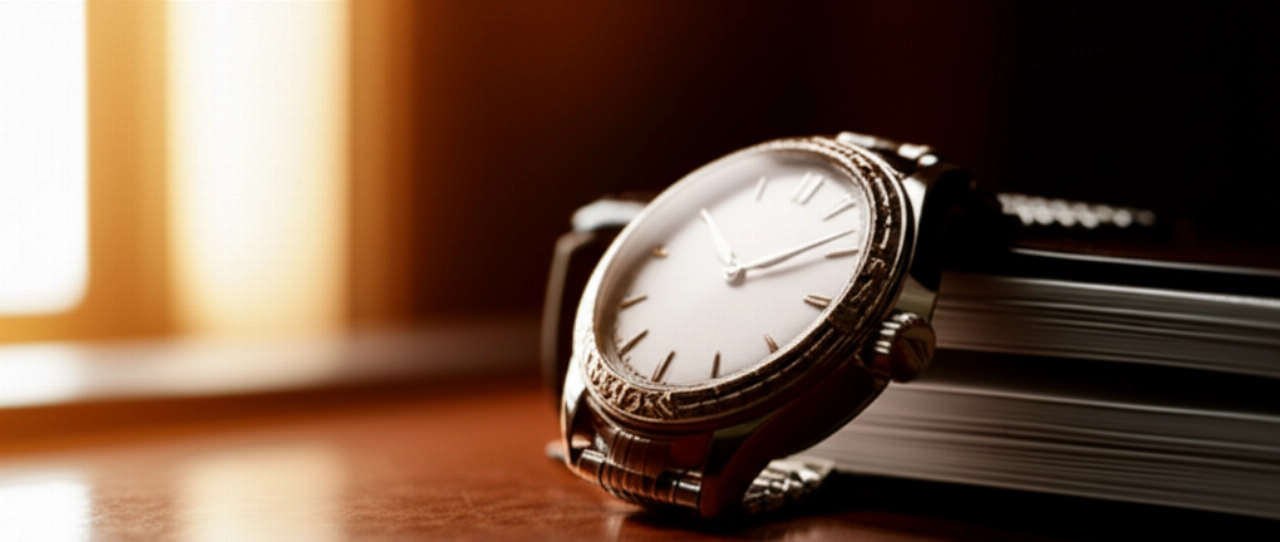 Un primo piano iperrealistico di un orologio di lusso classico su una scrivania di mogano, con dettagli finissimi che riflettono una luce calda, evocando precisione e valore.