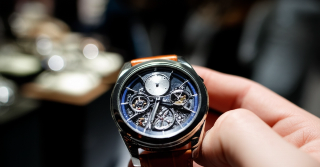 Primo piano iperrealistico di un orologio di lusso al polso di una persona caucasica, con lo sfondo sfocato di una fiera di settore.