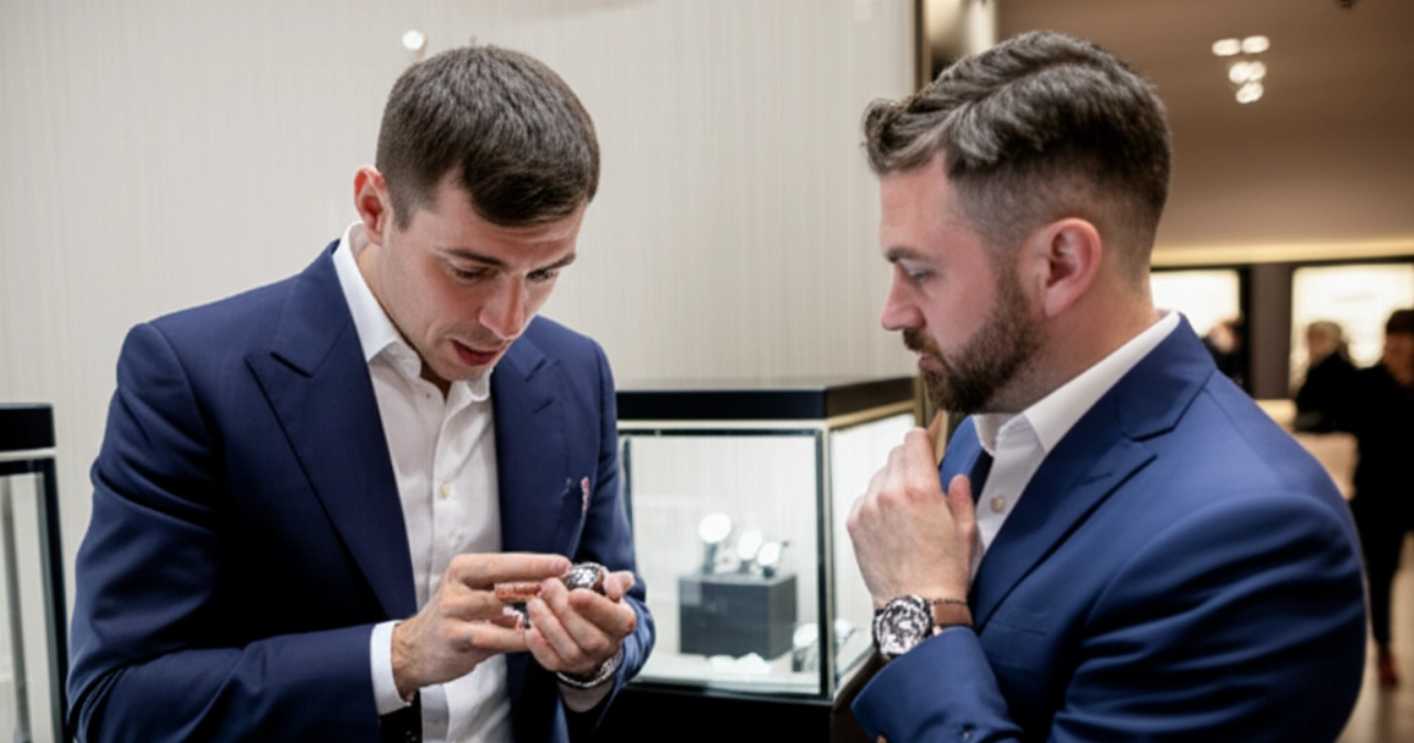 Due professionisti caucasici discutono intensamente di un orologio di lusso in un angolo raffinato di uno stand espositivo.