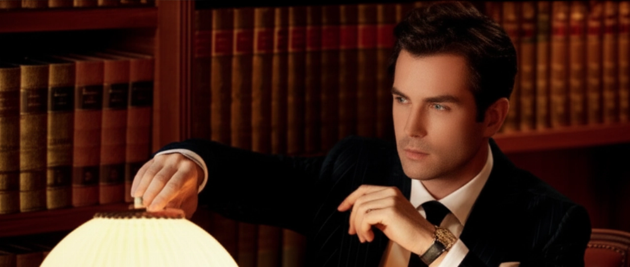 Uomo caucasico distinto in un'elegante biblioteca, con un orologio di lusso al polso, in un'immagine fotorealistica con luce calda.