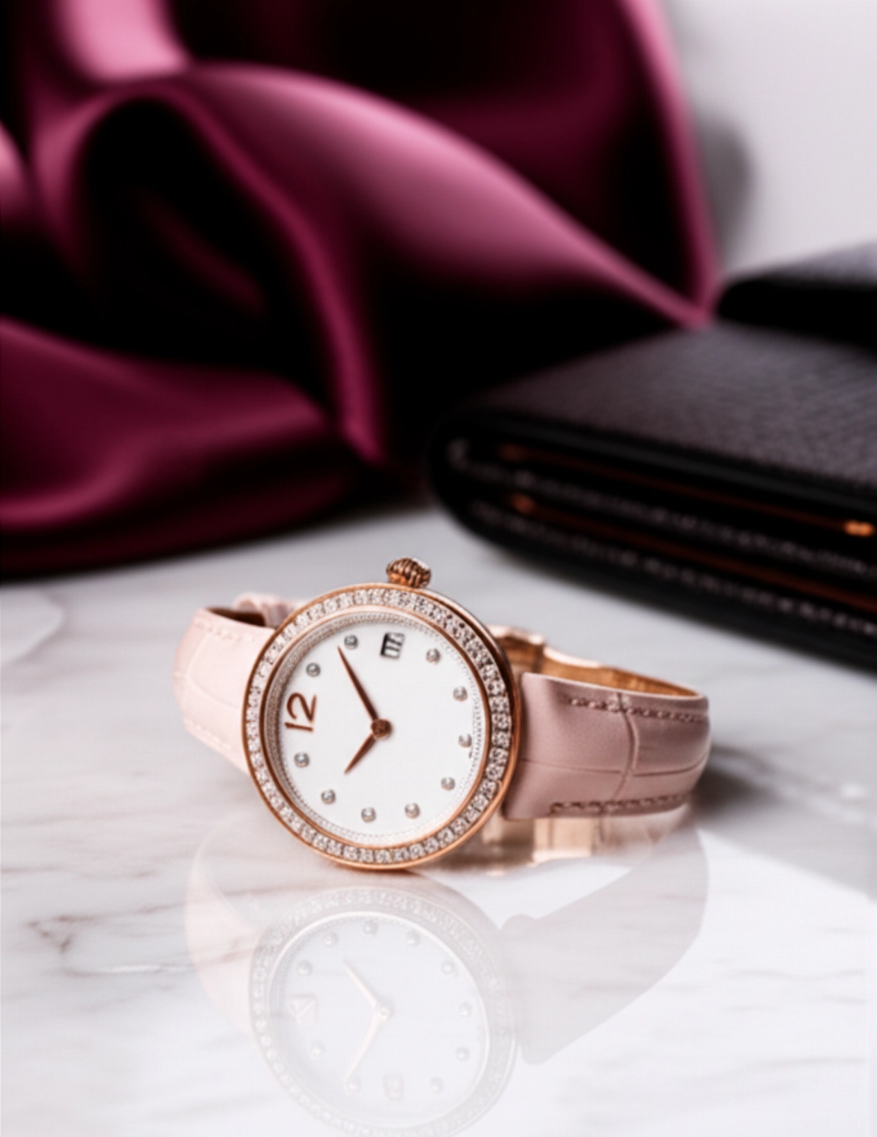 Orologio di lusso da donna con cinturino in pelle e diamanti, posizionato su una superficie di marmo lucido, con uno sfondo sfocato di tessuti pregiati.