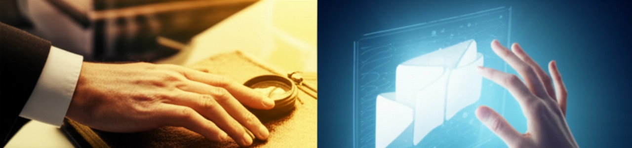 Immagine divisa iperrealistica che mostra una mano caucasica che interagisce con elementi classici e un'altra con elementi moderni, rappresentando due filosofie distinte.