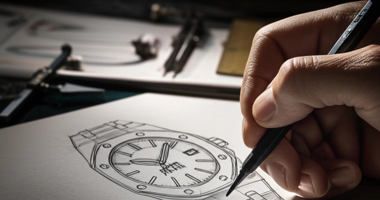 Dettaglio iperrealistico di una mano che disegna il celebre design ottagonale di un orologio su un tavolo da disegno.