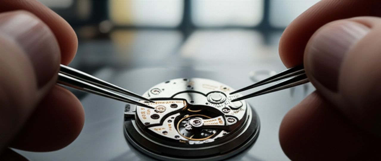 Mani di un orologiaio caucasico che assemblano con precisione un movimento di orologio complesso in un atelier moderno.